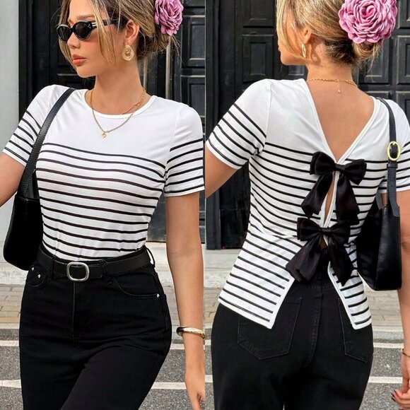 White black Casual Women's Stripe Print Backside Bow Decor T-Shirt top - Picture 1 of 7